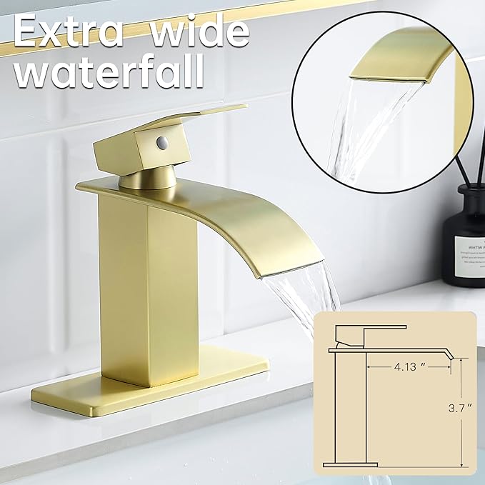 FRANSITON Black Waterfall Bathroom Faucet Lavatory Single Handle 1 or 3 Hole Bathroom Sink Faucet Washbasin Faucet with Deck and Pop-up Drain (Brushed Light Gold, Short)