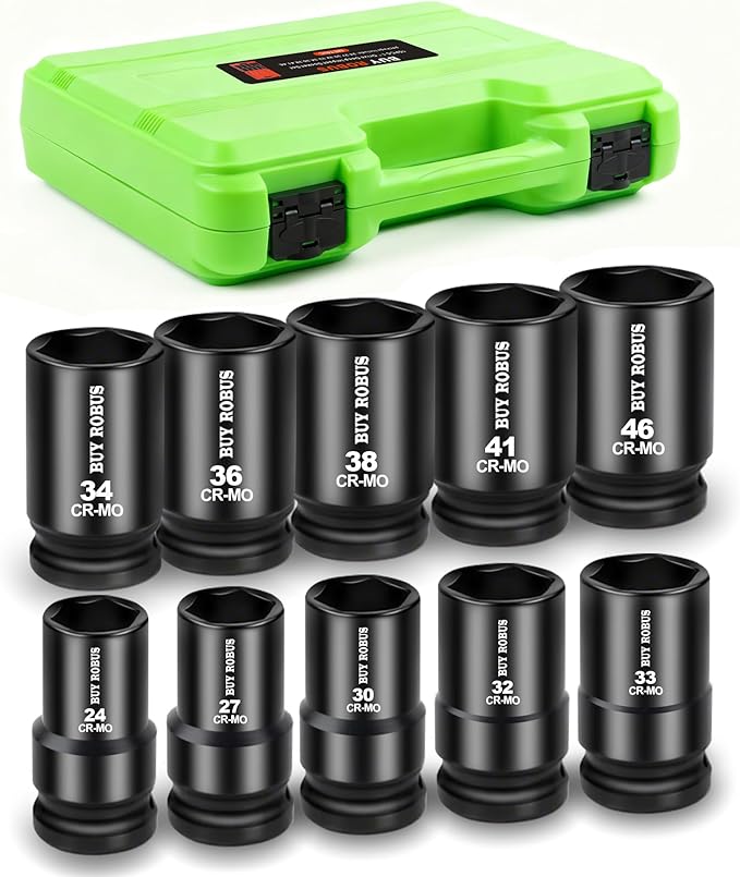 10 Pieces 1-Inch Drive Deep Impact Socket Set, 24mm, 27mm, 30mm, 32mm, 33mm, 34mm, 36mm, 38mm, 41mm,46mm CR-MO, Metric, 6-Point, Heavy Duty Wheel Impact Socket Set