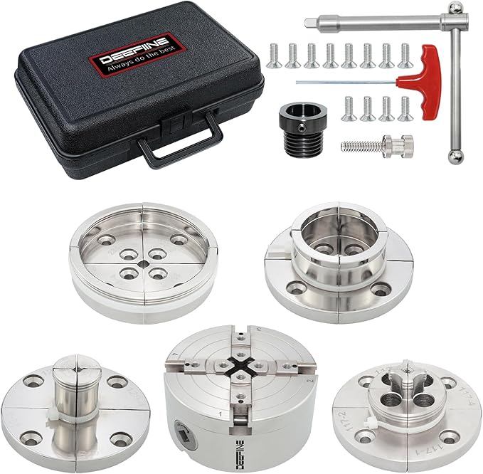 4 Inch Wood Lathe Chuck Set 1" x 8TPI Thread & 3/4"x16TPI Adapter, Nickel Plated Self-Centering 4 Jaw Wood Turning Chuck.(4 jaw)