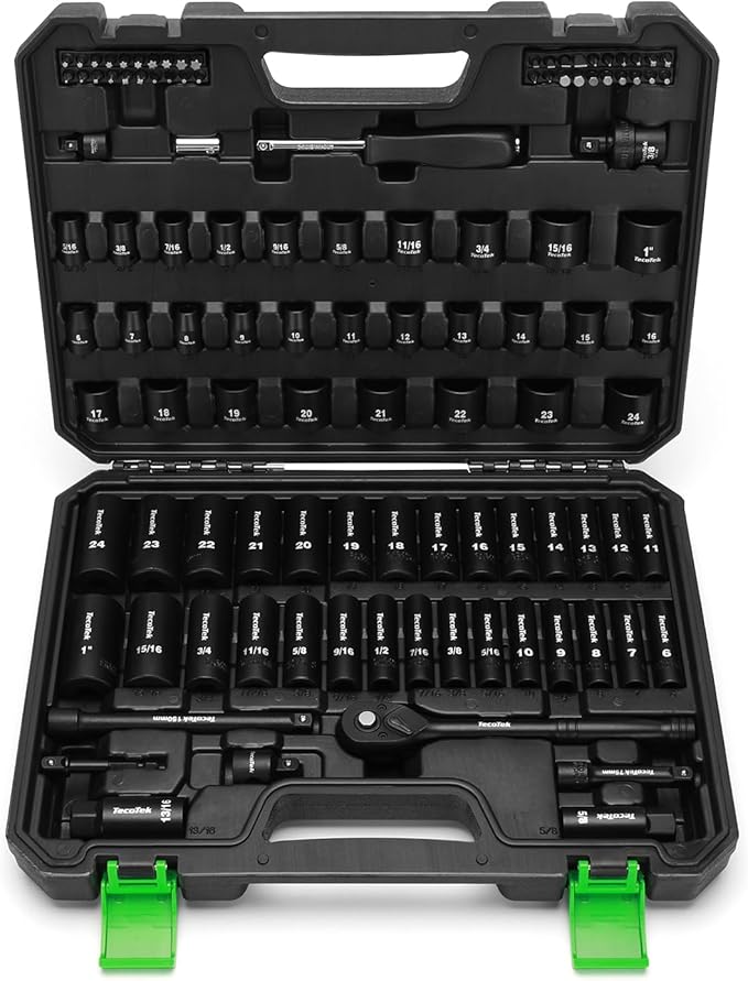 3/8" Drive Impact Socket Set, 109-Piece SAE (5/16"-1") and Metric (6mm-24mm), Deep & Shallow, 6 Point, Adapters, Ratchet Handle, Screwdriver Bit Set, Spark Plug Socket