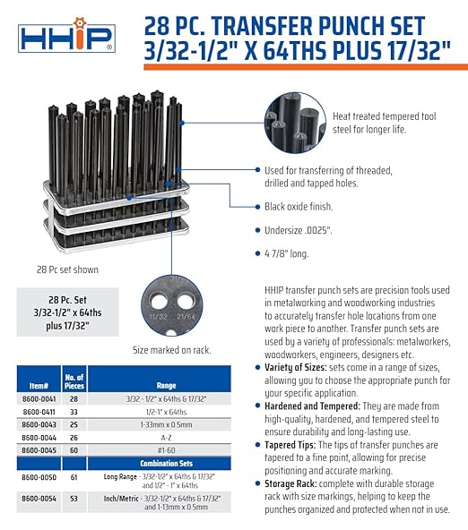 HHIP 8600-0041 28-Piece Transfer Punch Set ??3/32" to 1/2" by 64ths + 17/32", Precision Undersize .0025", Hardened Tool Steel, 4-7/8" Long, Black Oxide, Indexed Stand for Accurate Hole Transfer