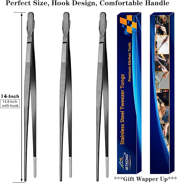 JETKONG 14-Inch Long Stainless Steel Thin Tongs Heavy Duty Kitchen Cooking Tweezers Tongs, Set of 3 (14 14 14 Inch, Black)