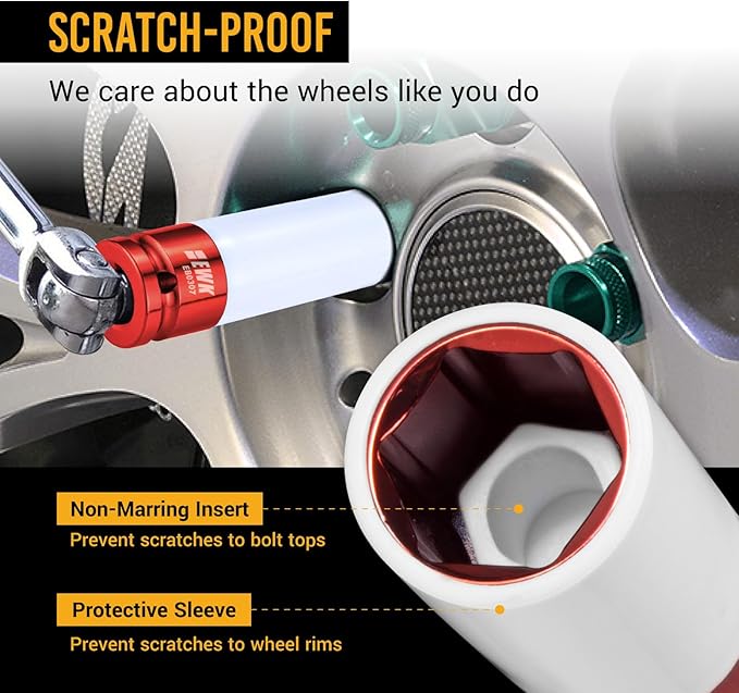 EWK 1/2" Drive 21mm Lug Nut Socket, 21mm Impact Socket, Non-Marring Protective Sleeve Prevents Damage to Custom Rims