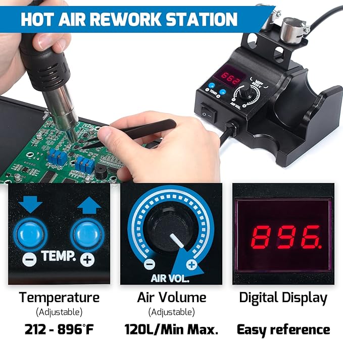 WEP 8858-V Hot Air Rework Station Kit with Compact Size, Integrated Nozzle Holder, 3 Nozzles, 2 Tweezers, Adjustable Temperature& Air Volume, PID Program, 째C/째F Conversion and More