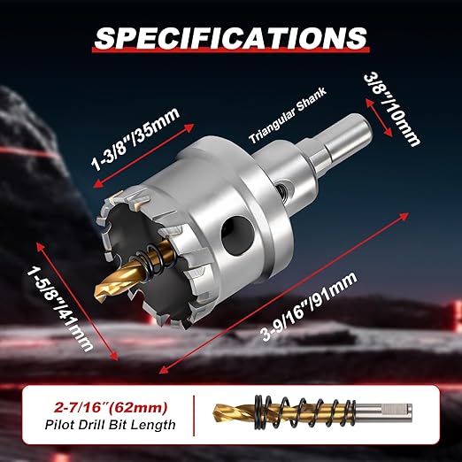 1-5/8" (41mm) TCT Carbide Hole Saw Kit for Metal - Heavy Duty Hole Cutter Drill Bits Set with 2 Titanium/Step Pilot Drill Bits & L-Wrench, Cuts Stainless Steel, Iron, Aluminum, Wood, Plastic