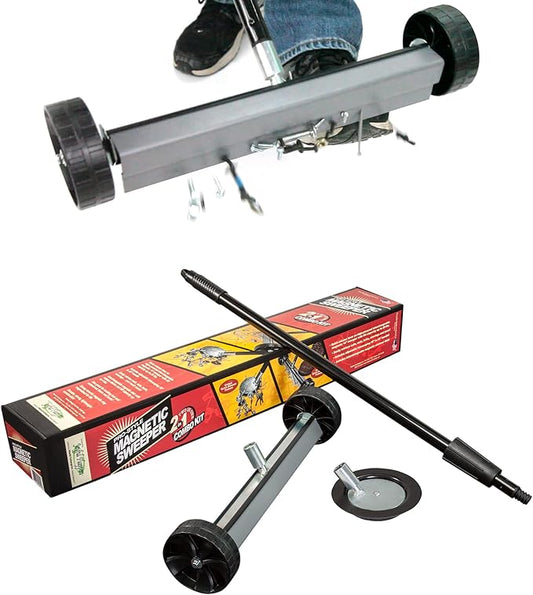 Quick-Release Magnet 2-in-1 Combo Kit, Proudly Made-in-the-USA, 14-Inch Magnetic Sweeper and 3 ⅜-Inch Disk for Easy Metal Debris Clean-Up.