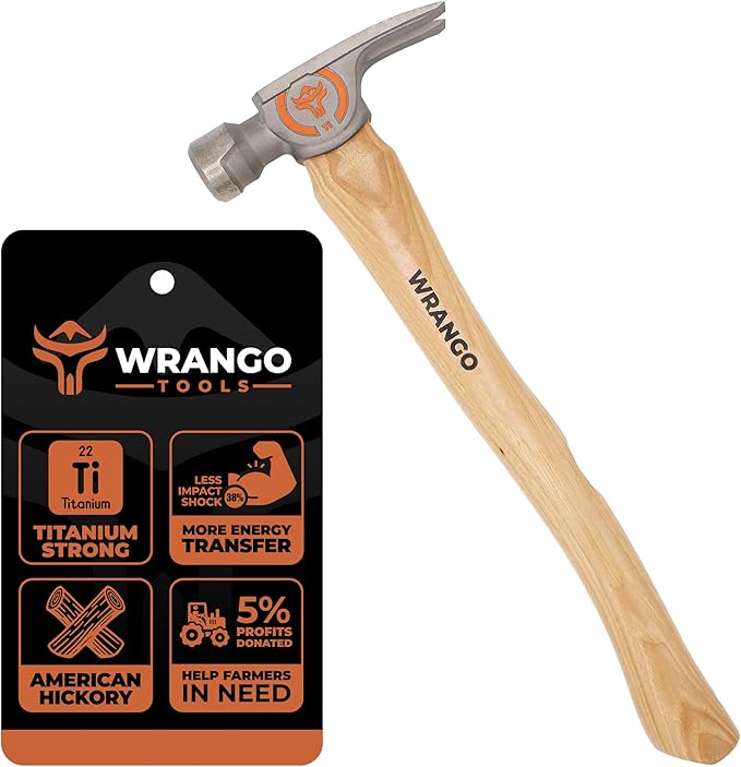Wrango Tools 14oz Titanium Hammer - Smooth Face Framing Hammer with 38mm Diameter Pole & Curved 17" Hickory Handle for Framing, Roofing, Carpentry & Construction - Magnetic Nail Starter