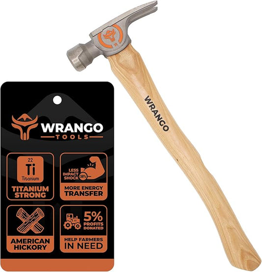 Wrango Tools 14oz Titanium Hammer - Smooth Face Framing Hammer with 38mm Diameter Pole & Curved 17" Hickory Handle for Framing, Roofing, Carpentry & Construction - Magnetic Nail Starter