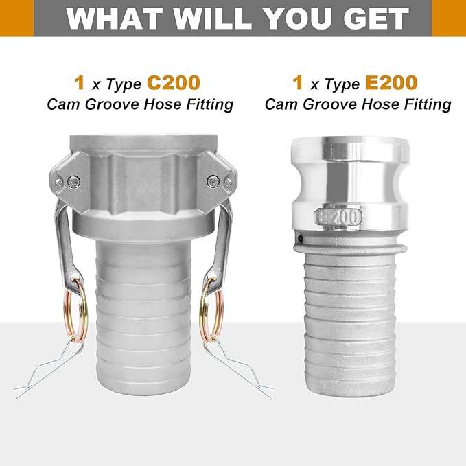 2" Cam & Groove Hose Fittings Kit, Female & Male Aluminum Camlock Fitting Couplings Type C200 + Type E200