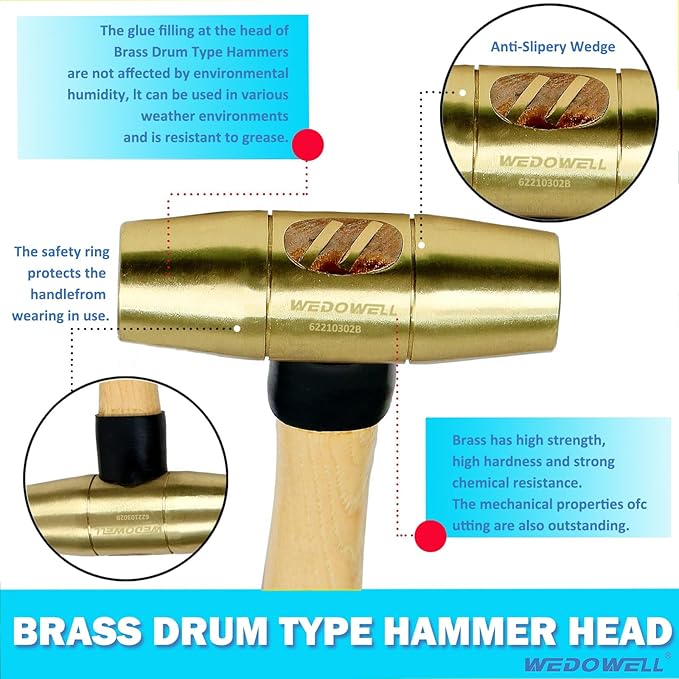 WEDOWELL 5lb Brass Hammer with Wooden Handle,Drum Type Mallet,Solid Brass Head,Length 400mm,Shock-resistant,Die-forged,DIN Standard,Ideal for Demolition,Construction,Blacksmithing