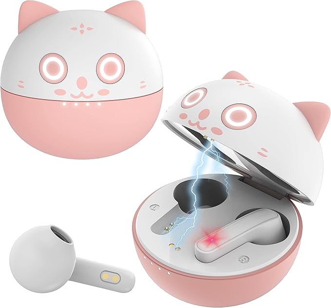 Wireless cat-themed earphones suitable for teenagers, with a charging case, IPX5 waterproof, passive noise reduction, touch control, 30 hours of playtime, suitable for boys and girls, teenagers.