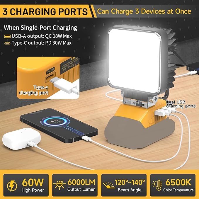 New Upgrade LED Work Light Compatible with Dewalt 20V Battery, 60W 6000LM Flashlight, 20V Battery Cordless Work Light with Low Voltage Protection & Dual USB & Type-C Charging Port (60W)