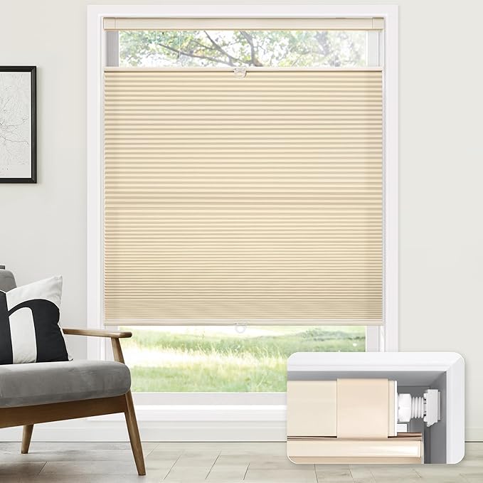 LazBlinds No Tools No Drill Cordless Cellular Shades, Top Down Bottom Up (TDBU) Honeycomb Shades for Home, Light Filtering Thermal Insulation Blinds for Windows, 35" W x 64" H, Beige