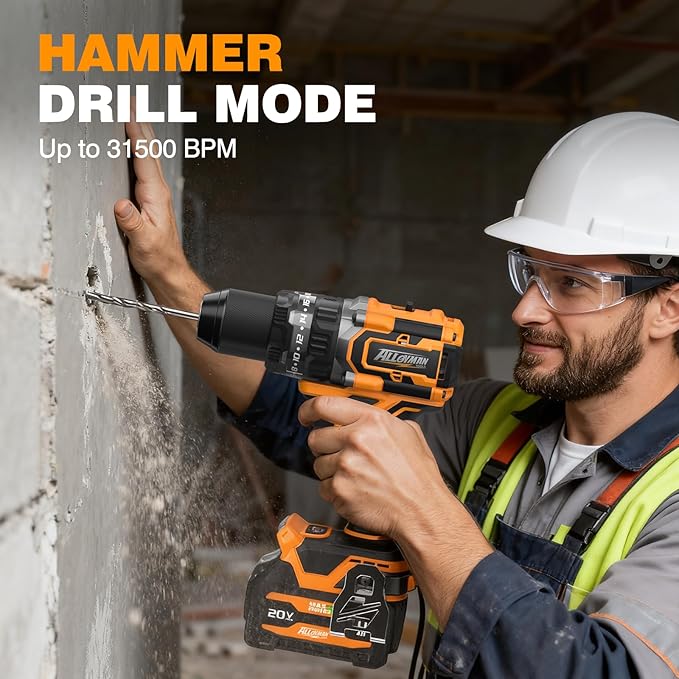Alloyman 20V MAX Cordless Hammer Drill, Max 620 In-lbs, 31500BPM, Brushless Motor, 1/2" Keyless Metal Chuck, 20+3 Torque Settings, Impact Drill Kit for Drilling Brick Wall, Metal