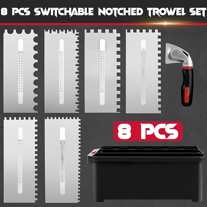 Switchable Tile Trowel Set ??6 Interchangeable Notched Blades with Quick-Lock Handle, Stainless Steel Trowel Kit for Mortar, Thinset & Tile Installation