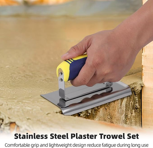 4 PCS Stainless Steel Concrete Tool Set, Includes Groover, Edger, Inside & Outside Corner Trowels, Anti-Rust Metal with Non-Slip Handle, Cement, Mortar, Plaster, Masonry Corner Finishing Work