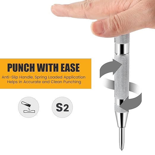 MulWark 6" Automatic Center Punch for Metal - Spring Loaded Center Punch Tool with Extra Replacement Tip - Adjustable Impact One-Handed Spring Puncher for Wood, Plastic, Stainless Steel