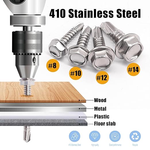 weideer 840pcs #8#10#12#14 Self Tapping Screws for Metal,410 Stainless Steel Screws Assortment Kit, Hex Washer Head Quick Tapping Self Drilling Screw with Rubber Washer (420 Sets) K-189