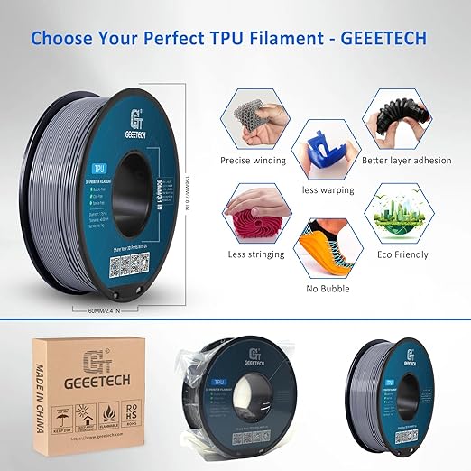 Geeetech TPU Filament 1.75mm, Shore 95A Flexible 3D Printer Filament with High Elasticity, 1KG (2.2lbs) Spool, Dimensional Accuracy 짹0.03mm, Fits Most FDM Printers (Clear Silver)
