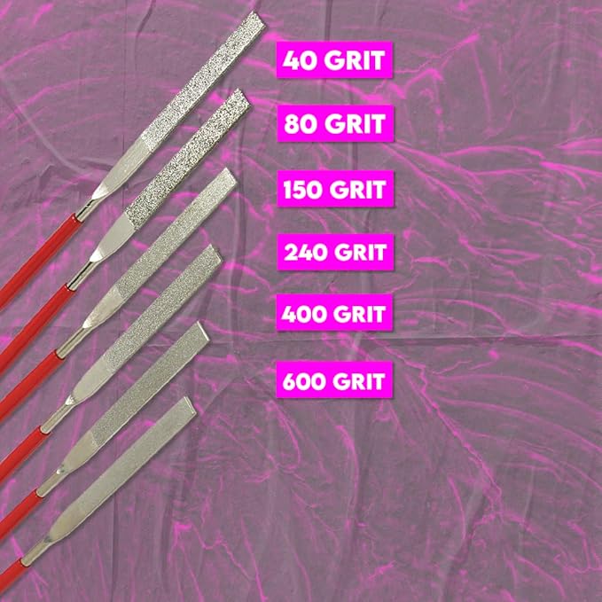 SE 74330DF 6-Piece Flat Diamond Grit File Set - Multi-Grit for Metals, Glass, Stones - 7" Length, 2" Diamond Surface, Round Handles - Includes PVC Pouch