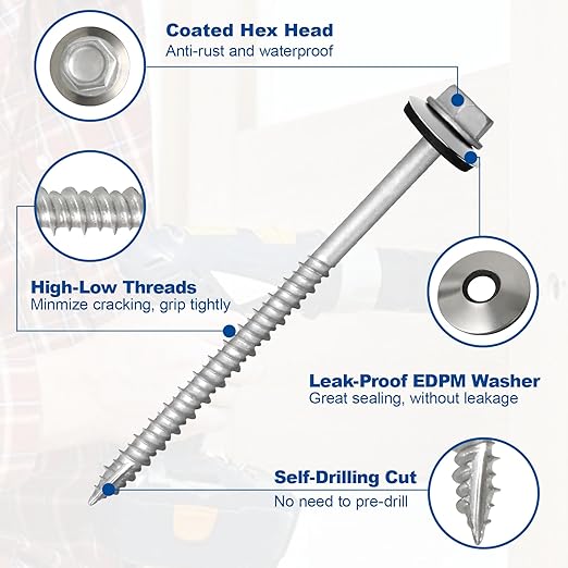 Metal Roofing Screws #10×3Inch, 500-PCS, Hex Head Rustpert Coating Sheet Metal to Wood Siding Screw with EPDM Rubber Washer, Sharp Point, Hex Socket Included