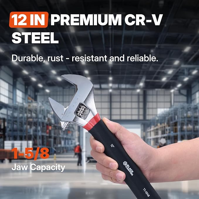 BLACK CANYON 12" Adjustable Wrench, 1-5/8" Jaw Capacity, Superior Cr-V Steel, Hex Jaw design, Smooth Jaw Adjustment, w/Comfort Grip, Fits home fixes, pipe installation, garage tasks