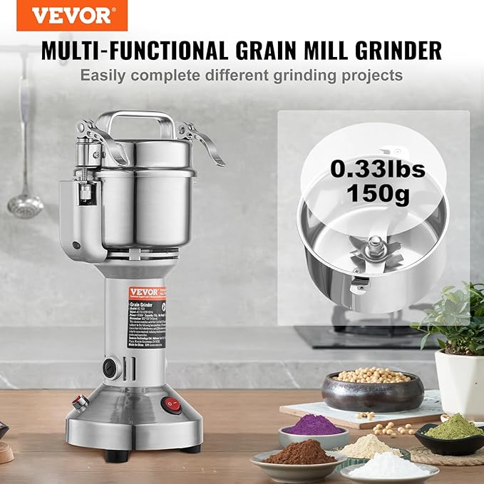 VEVOR 150g Electric Grain Mill Grinder, High Speed 850W Commercial Spice Grinders, Stainless Steel Pulverizer Powder Machine, for Dry Grains Spices Cereals Coffee Corn Pepper, Straight Type