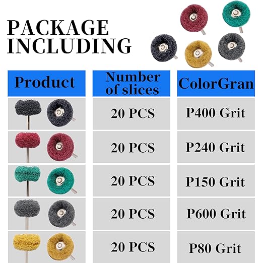 100Pcs Abrasive Buffing Wheels, 1 Inch Buffing Polishing Wheel Set with 1/8 Inch Shank, 20Pcs Each of 80 150 240 400 600 Grit Scouring Pad Abrasive Wheel for Power Rotary Tool, Rust Removal, Polishing