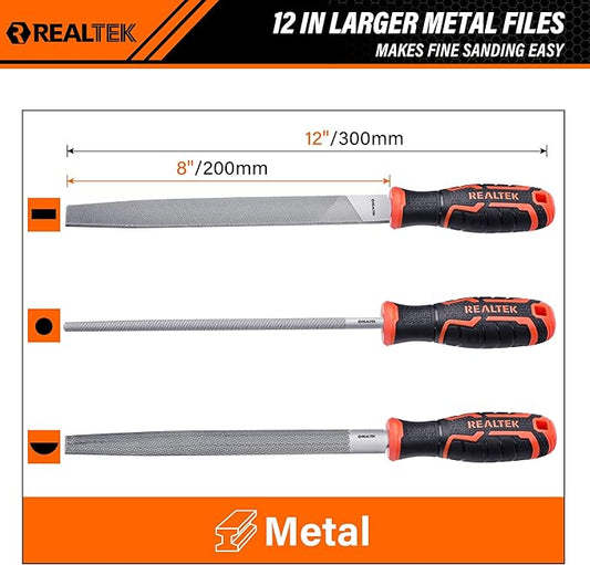 REALTEK 3-Piece Metal File Set, 12-inch Double Sided Steel Set, Includes Half-Round/Round/Flat Files, T12 Carbon Sharpening File, Professional Hand Files for Hard Metal Shaping