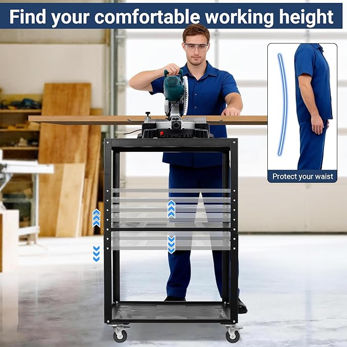 Planer Stand, 27.6" x 24" Tabletop, 31"- 44.7" Height Adjustable, 550 LBS Capacity Planer Table with 4 Stable Casters & Storage Space, for Most Planers, Saws, Bench-top machines, Power Tools