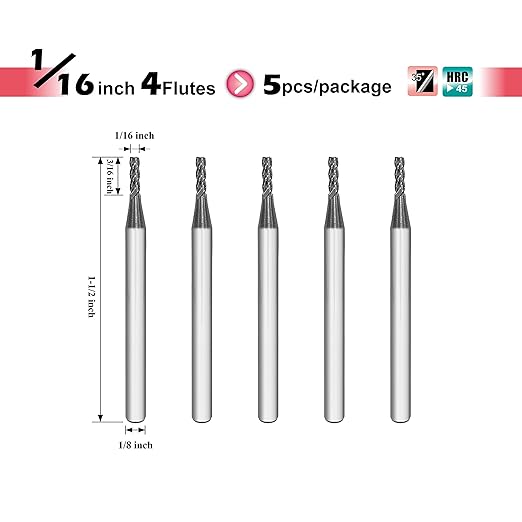 SPEED TIGER Micrograin Carbide Square End Mill - 4 Flute - ISE1/16 4T (5 Pieces, 1/16") - for Milling Alloy Steels, Hardened Steel, Metal & More ??Mill Bits Sets for DIYers & Professionals