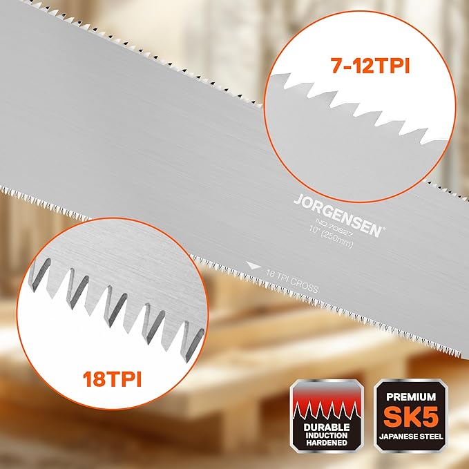 JORGENSEN Japanese Pull Saw, 10 Inch Pro Double Edge Hand Saw - SK5 Flexible Replaceable Blade, 7-12 & 18 TPI Flush Cut Blade, Japanese Handsaw for Hardwood & Softwood Woodworking, Wood Trim