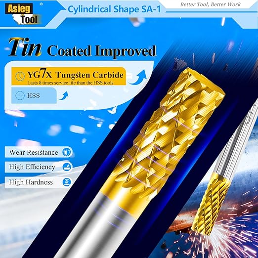 SA-1 5pcs Solid Tungsten Carbide Burr TiN Rotary File Cylindrical Shape Double Cut for Die Grinder Drill Bits 1/4'' Inch Diameter of Shank and Cutter 5/8'' Inch Cutter Length