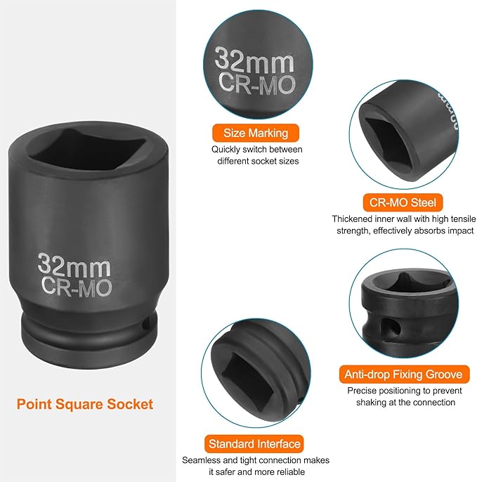 HARFINGTON 4 Point Square Socket 1" Drive 32mm Metric Square Impact Socket CR-MO Blackening Standard Wheel Sleeve Pneumatic Sleeve Tool for Auto Repair Mechanical Maintenance Home Use