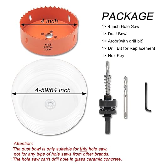 4 Hole Saw for Recessed Lights, 4 Inch Hole Cutter with Dust Bowl Catcher for Led Recessed Lighting 4 Inch and Wood Metal Drywall, Bi-Metal Construction