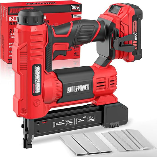 ALLOYPOWER 2 in 1 Cordless Brad Nailer/Electric Stapler with 2.0Ah Battery and Charger,1000pcs Nails and 500pcs Staples Included for Home Improvement & Woodworking