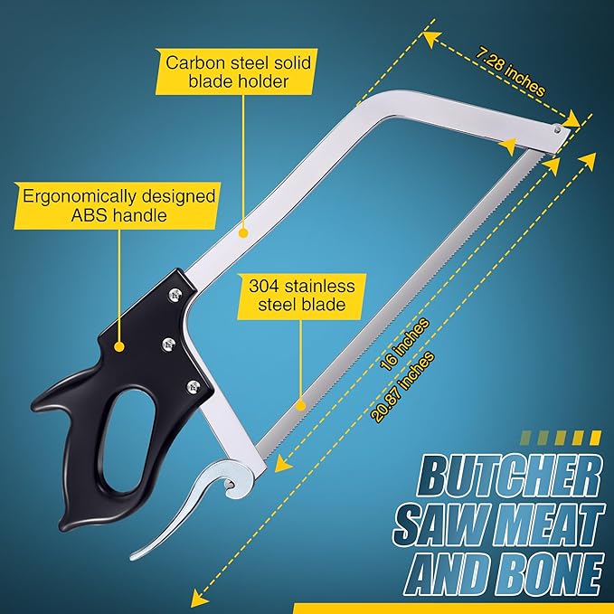 16 Inch Butcher Saw Meat and Bone, Professional Meat Processing Saw with Stainless Steel Blade, Quick Release Black Tightening Cam Comfort Handle, for Household, Processed Livestock and Game