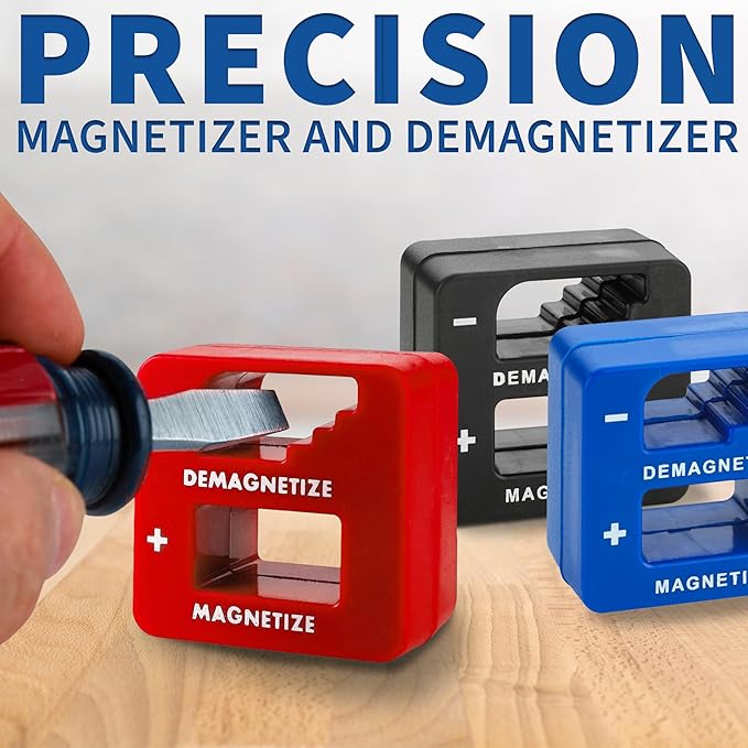 Demagnetizer and Magnetizer For Screwdrivers Tips, Bits, and Small Tools, Large or Big Screws, Drills, Drill Bits, Sockets, Nuts, BRed olts, Nails, 3 Pack - Red, Black, and Blue