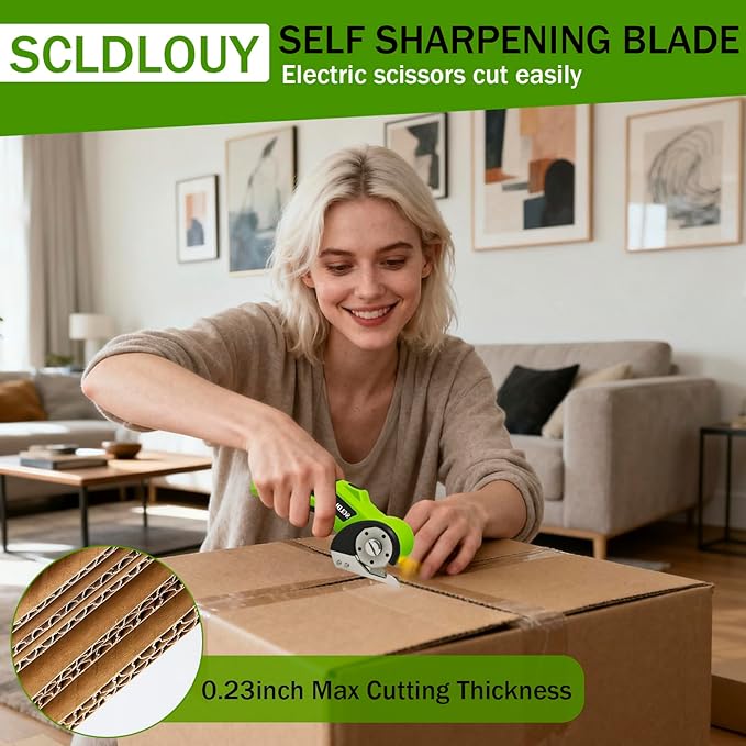 High-Speed Cardboard Cutter, Cordless Rechargeable Electric Scissors with Safety Lock and LED Light, Rotating Blade for Cardboard Fabric Carpet (Green)