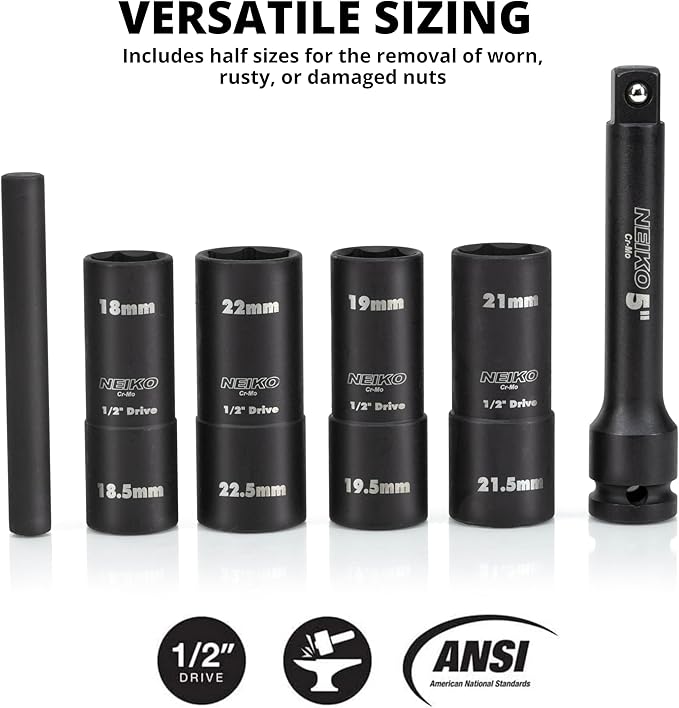 NEIKO 02290B Lug Nut Socket Set, 1/2??Impact Thin Wall Flip Socket Set, Half Size Wheel Socket Set, Metric 6 Point, 5" Extension Bar & Knockout Bar, 18.5mm, 19.5mm, 21.5mm, and 22.5mm