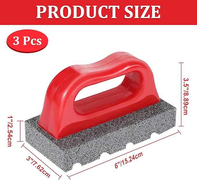 3 Pcs Rub Brick with Handle, Fluted 20-Grit Carbofrax Surface Concrete Tools Masonry Tools Smoothing Cleaning Removing Marks Tool (Red)