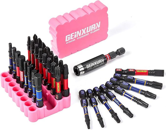 Impact Screwdriver Bits Set, 33 Pieces 2?쒶ulti Head Magnetic S2 Steel Driver Bits PH/SQ/Torx/Slotted/Hex/Security Torx With Pink Soft Base