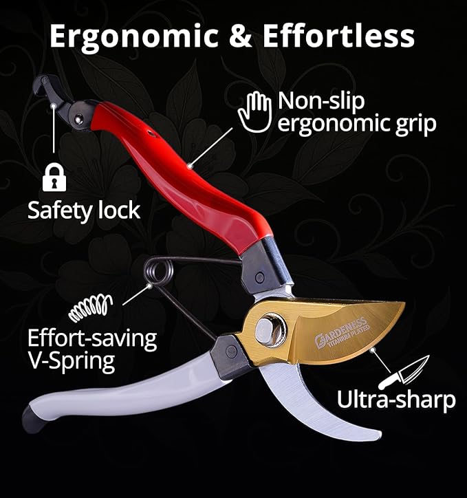 Gardeness Japanese Titanium Pruning Shears, Lightweight SK5 Bypass Garden Secateurs ??Easy-Grip Hand Pruners for Women, Roses, Bonsai, Trimming & Everyday Gardening
