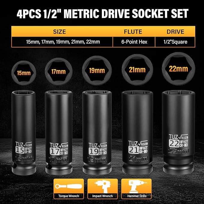 5 Pieces 1/2 inch Drive Deep Impact Socket Set, Metric,15mm 17mm 19mm 21mm 22mm,Cr-Mo,6-Point,Spindle Axle Nut Impact Socket
