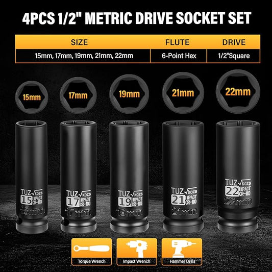 5 Pieces 1/2 inch Drive Deep Impact Socket Set, Metric,15mm 17mm 19mm 21mm 22mm,Cr-Mo,6-Point,Spindle Axle Nut Impact Socket