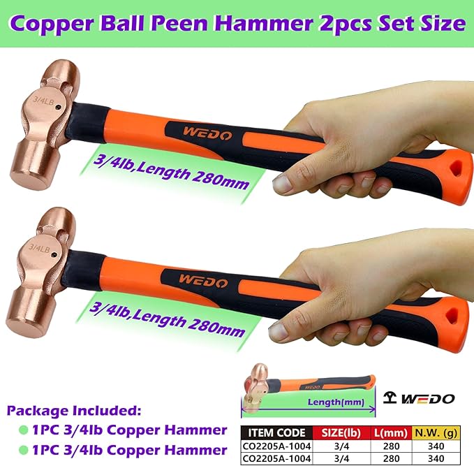 WEDO 2-Piece Copper Ball Peen Hammer Set, 12 oz + 12 oz(3/4lb+3/4lb), Ball Pein Hammer with Fiberglass Handle, Die-Forged, Corrosion Resistant, DIN Standard