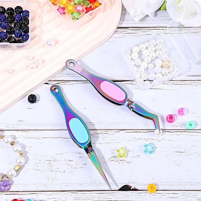 2PCS Stainless Steel Precision Tweezers Set, Soft Grip Reverse Tweezers with Curved and Straight Tips for DIY Crafting, Jewelry Making, Beading, Laboratory Tasks, Needle Nose Tweezers