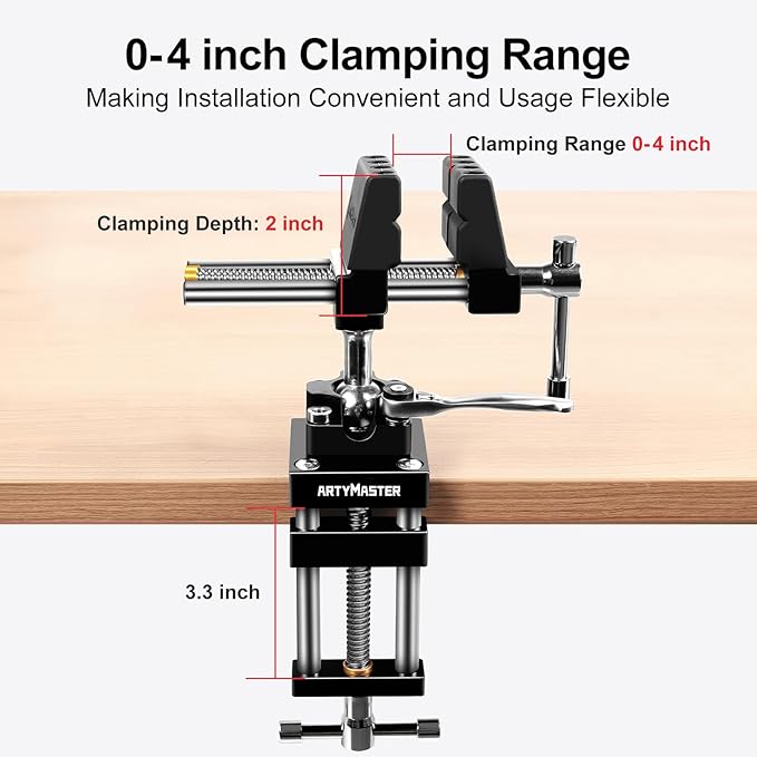ArtyMaster Vise 4-Inch 360째 Ball Joint Swivel Bench Vise, Heavy Duty Aluminum Clamp-On Workbench Vise with Quick Ratchet Lock, Silicone Jaw Pads, Ideal for Woodworking, Repair & DIY Projects (WT117A)