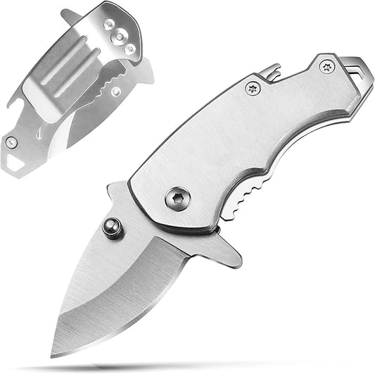 Small Pocket Knife for men, 1.58 Inch Blade, Silver Stainless Steel, Compact Keychain knife with Safety Lock and Clip for Camping, Hiking, Daily Task, Mini Folding Box Cutter EDC Gadgets Tools