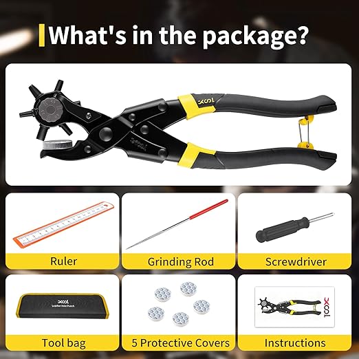 XOOL Round & Oval Leather Hole Punch Set, Upgraded Long Handle Revolving Punch Plier Kit for Belts, Watch Bands, Straps, Dog Collars, Saddles, Shoes, Fabric, DIY Home & Leather Craft Project